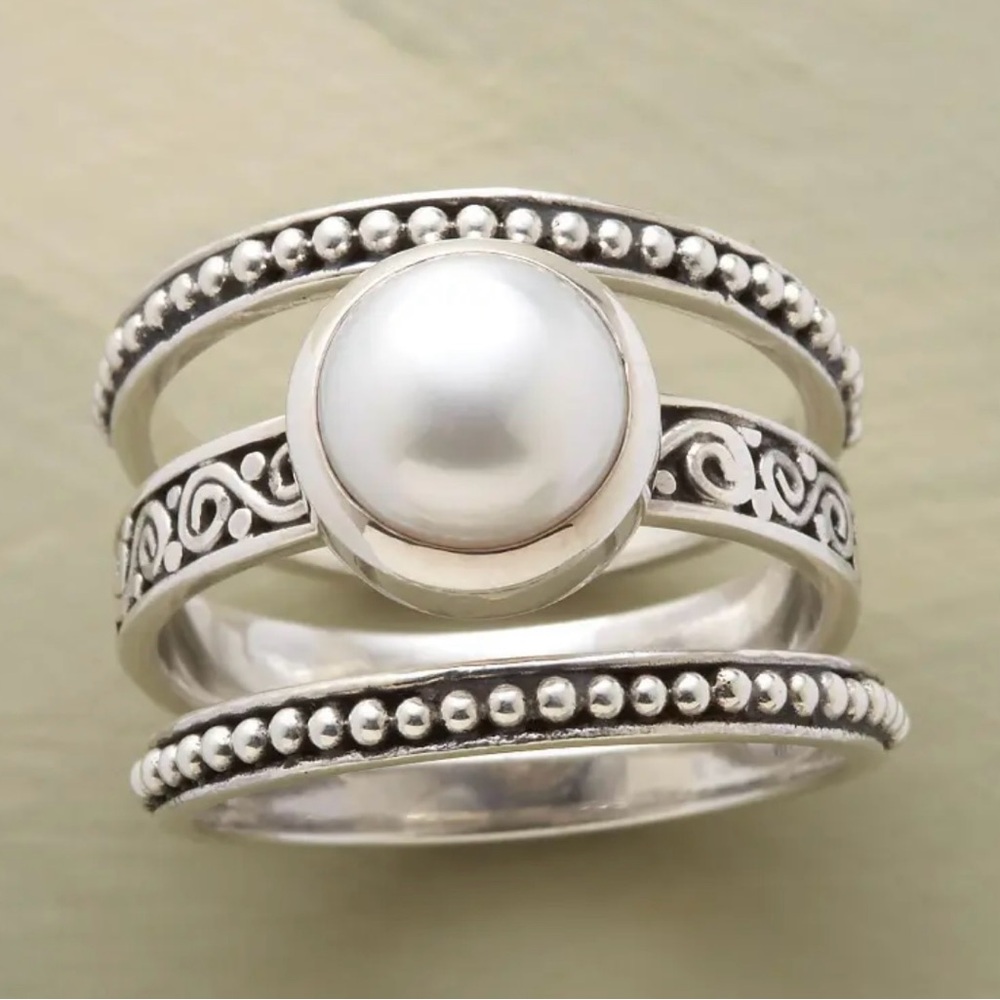 Set of 3 Stackable Elegant Silver Plared Pearl Rings size 13